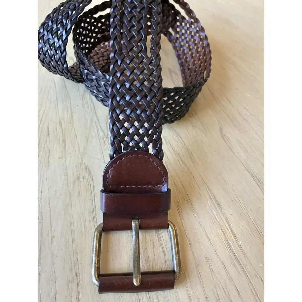 DKNY Women's Mocha Brown Braided Woven Wide Leather Belt w/ Buckle Minimalist M